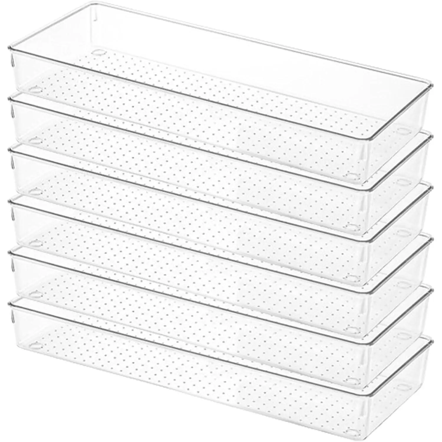 Clear Drawer Organizer Trays 6 Pack Plastic Dividers Bins | 15x6x2 Inch Desk Separator, Stackable Dresser Makeup Kitchen Office Storage Boxes,  Utensil Flat Container Case