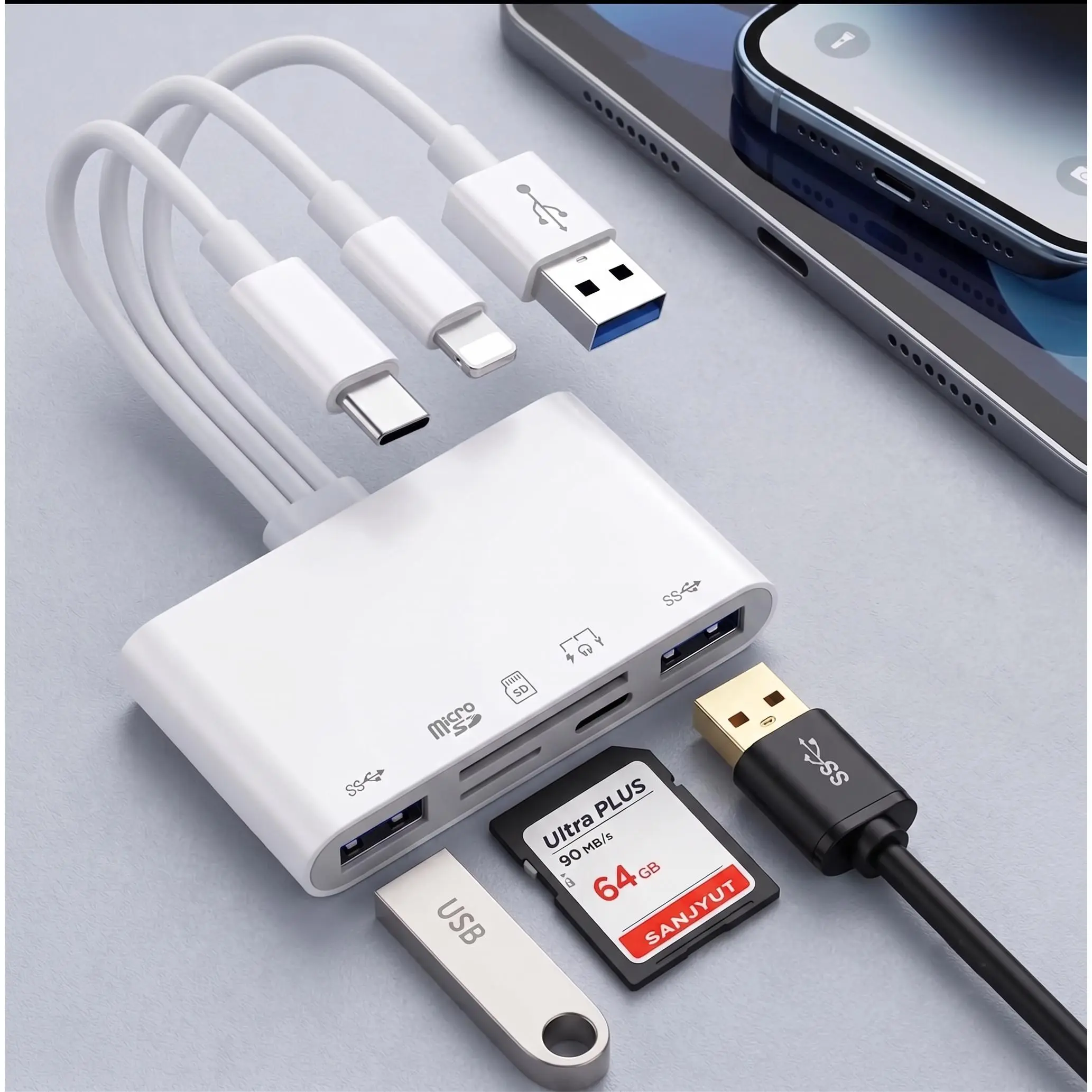 5-in-1 USB OTG Card Reader with USB-A/Type-C, SD & TF Dual Slots, 90MB/s Fast Transfer, Charging Port – Built to Last for Photographers, Gamers, iPad, Android Phones, iPhone 14/13, MacBook, Laptop