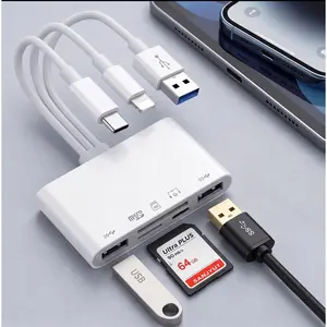 5-in-1 USB OTG Card Reader with USB-A/Type-C, SD & TF Dual Slots, Fast 90MB/s Transfer, Charging Port for iPhone 14/13 iPad Pro MacBook Samsung Android Phone Laptop