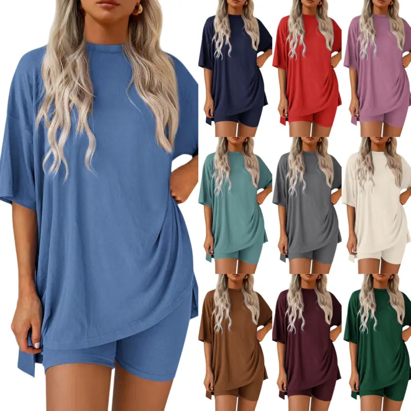 2026 Loose Fashion Solid Color Casual Short Sleeve Shorts Two-Piece Set, Sports Outfit, Women Modal Oversized Split T Shirt Biker Shorts 2 Piece Loungewear Matching Set Casual Loose Tracksuit.