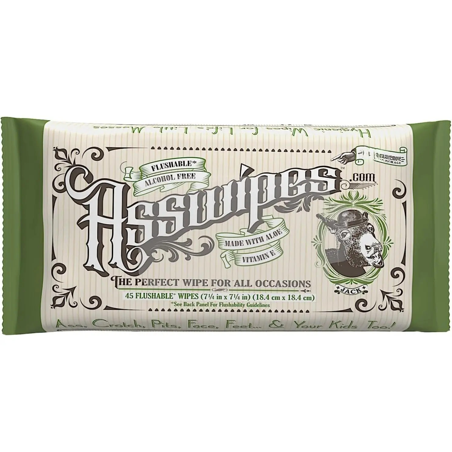 Asswipes Flushable Wipes - Extra-Large Adult Cleansing  Wet Wipes Flushable for Men, Women with Aloe and Vitamin E - Made without , -Free (1 Pack, 45 Wipes)