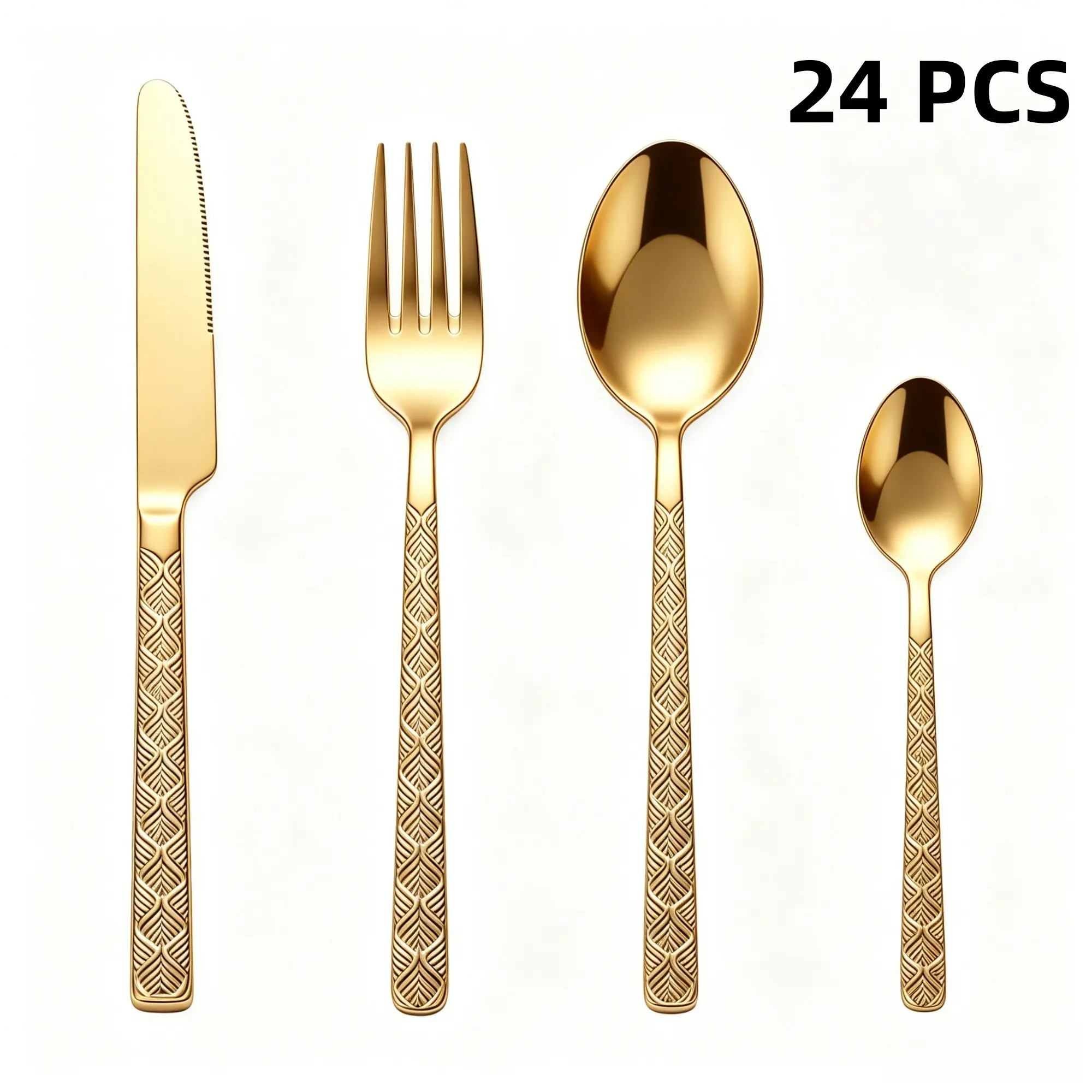 24Pcs Wheat Ear Geometric Embossed Handle Gold Stainless Steel Cutlery Set, Mirror Polished Flatware, Rustproof Dishwasher Safe, Ideal for Home Kitchen, Family Meals, Apartment & Holiday Gifts, Tableware Sets