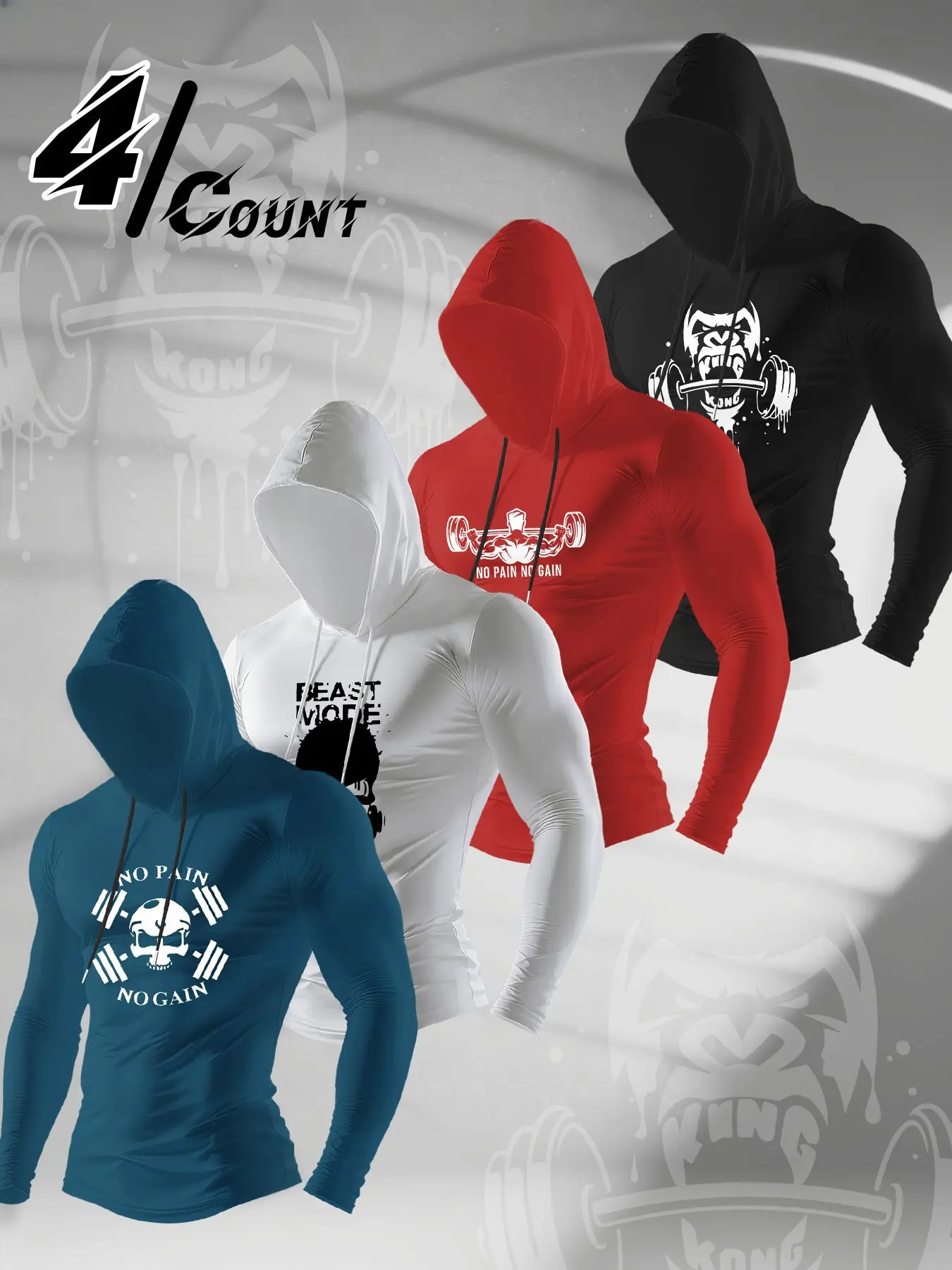 4 Pack Men Drawstring Hooded Long Sleeve Workout Shirt Beast Mode Gorilla Skull Barbell No Pain No Gain Graphic Quick Dry Breathable Powerlifting Training Streetwear Athletic Multipack Top Athletic Hoodies