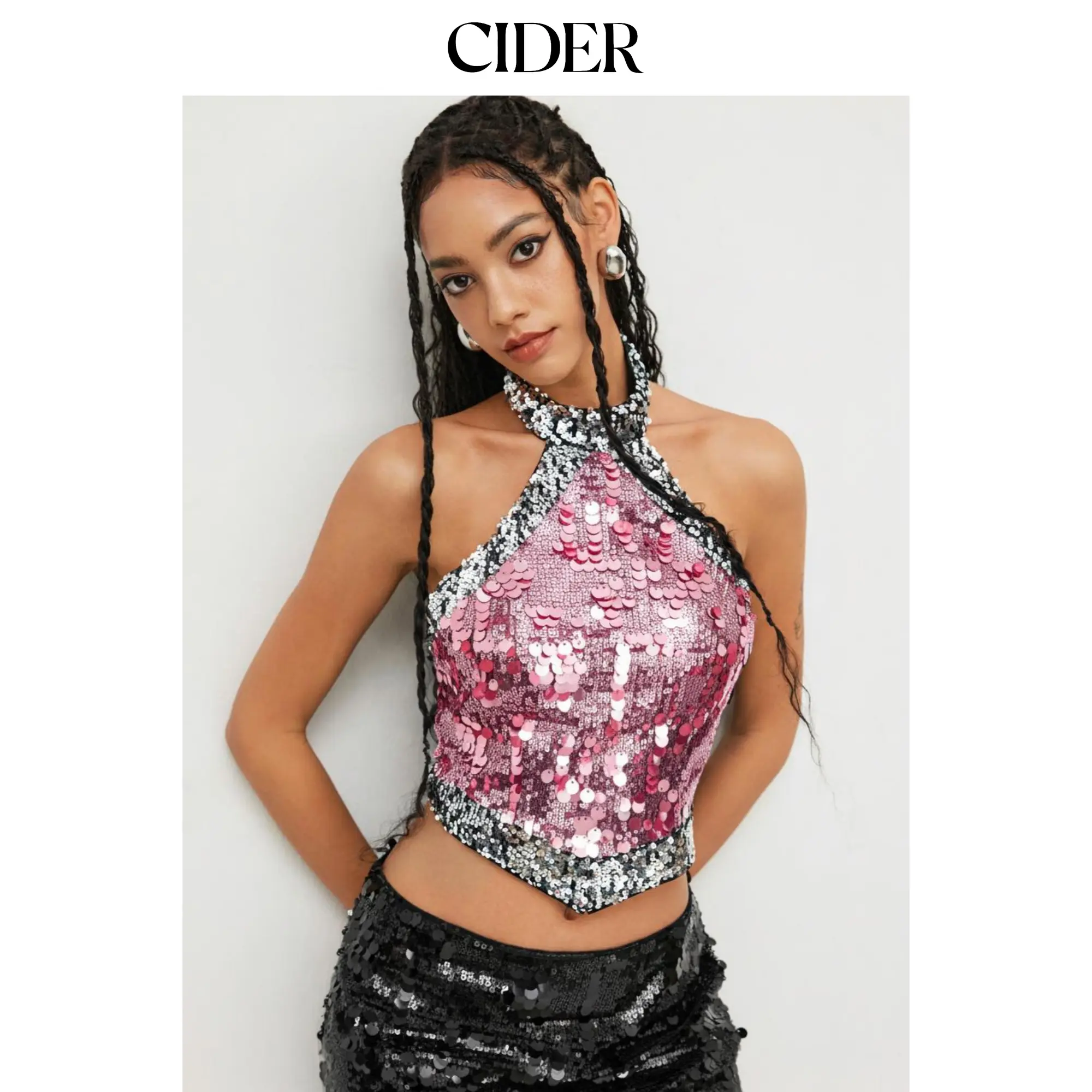 Cider Sequin Halter Neckline Contrasting Binding Crop Tank Top SummerWins SummerFinds