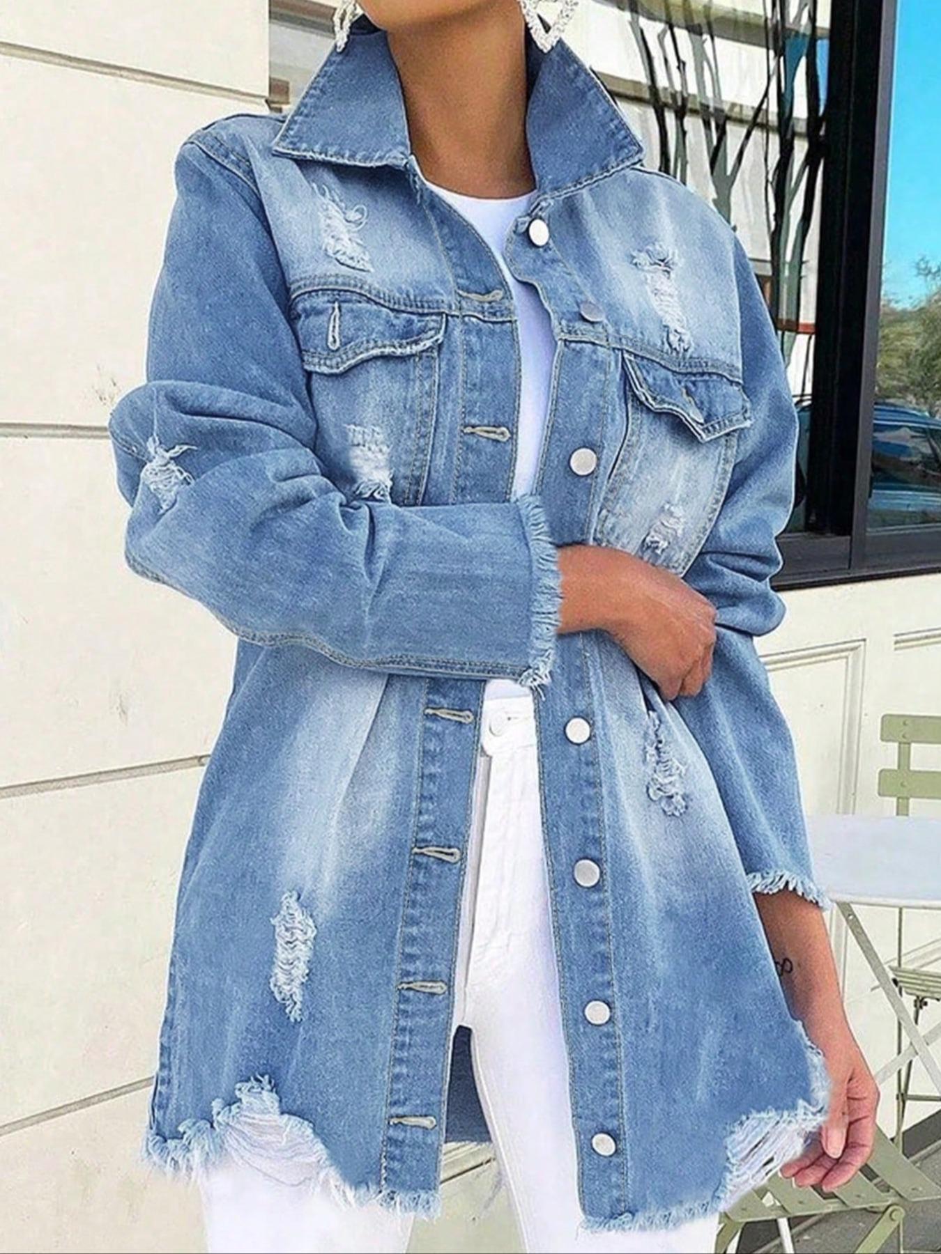 Women's Raw Hem Ripped Fitted Denim Jacket, Button Front Design, Fashion Street Style Versatile Jean Coat, Casual Basic Wear for Spring & Fall