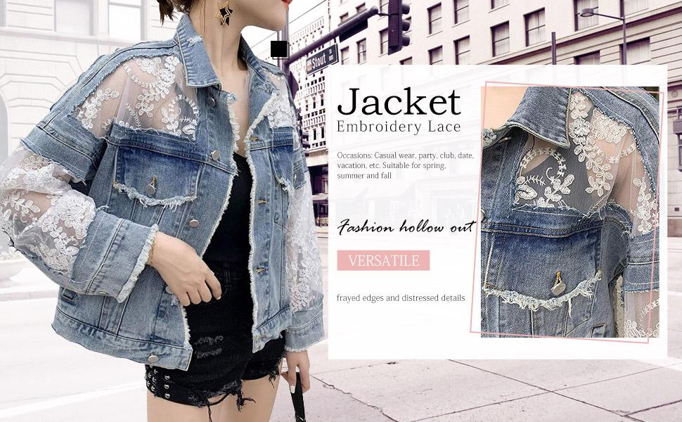Women's See Through Floral Embroidery Lace Crop Denim Jacket Ripped Distressed Jean Jacket