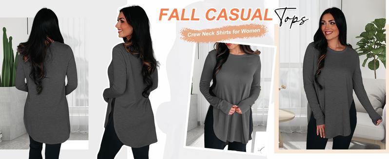 Womens Long Sleeve Tunic Tops Fall Casual Crew Neck Side Split Hi-Low Hem Loose Shirts To Wear With Leggings