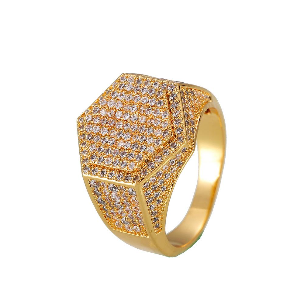 Luxury Iced Out Signet Ring for Men, Sparkly Silver and Golden Geometric Band Ring, Bold Hip Hop Statement Jewelry, Expensive Look Gift Piece