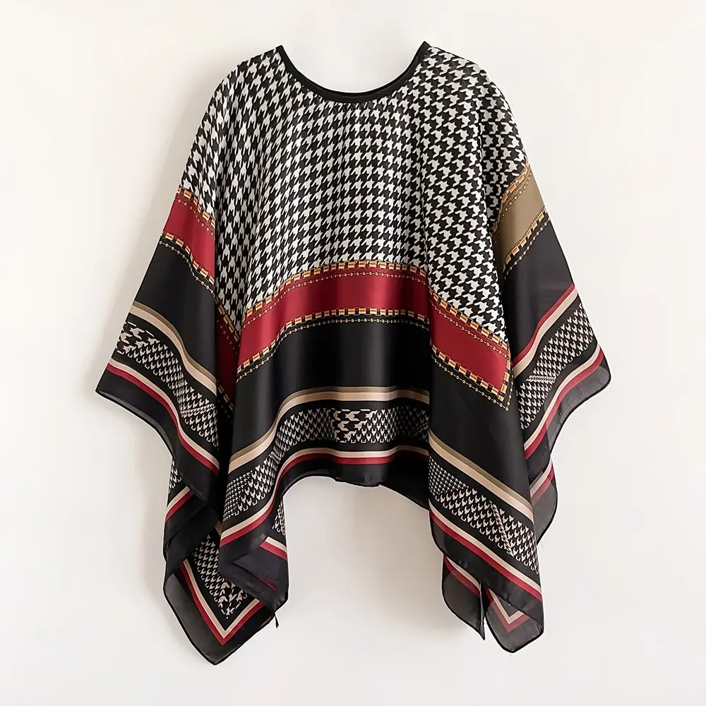 Women's Silk Fabric Polka Dot Poncho Shawl - Short Length, Poncho Cut, Breathable UV Shield, Baroque Look Summer Layering Wrap