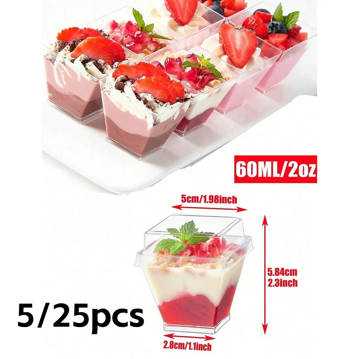 Mini Dessert Cups Set of 5/25, Transparent Plastic, Reusable, Portable, Ideal for Parties, Weddings, Holidays, No Spoon Included