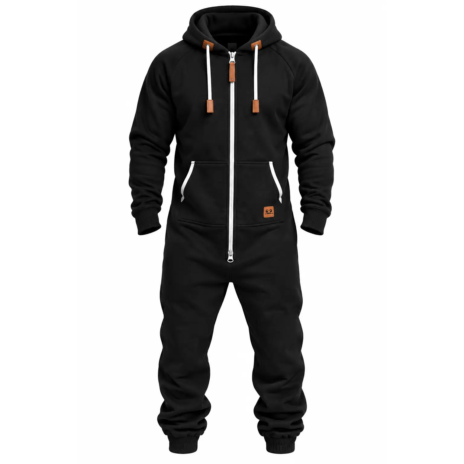 Men’s Full Zip Hooded Jumpsuit, Casual One Piece Tracksuit With Adjustable Drawstring Hood, Functional Front Pockets, Long Sleeve Design, Elastic Cuffs And Tapered Legs, Relaxed Fit Outfit For Daily Wear, Travel, Streetwear And Lounging