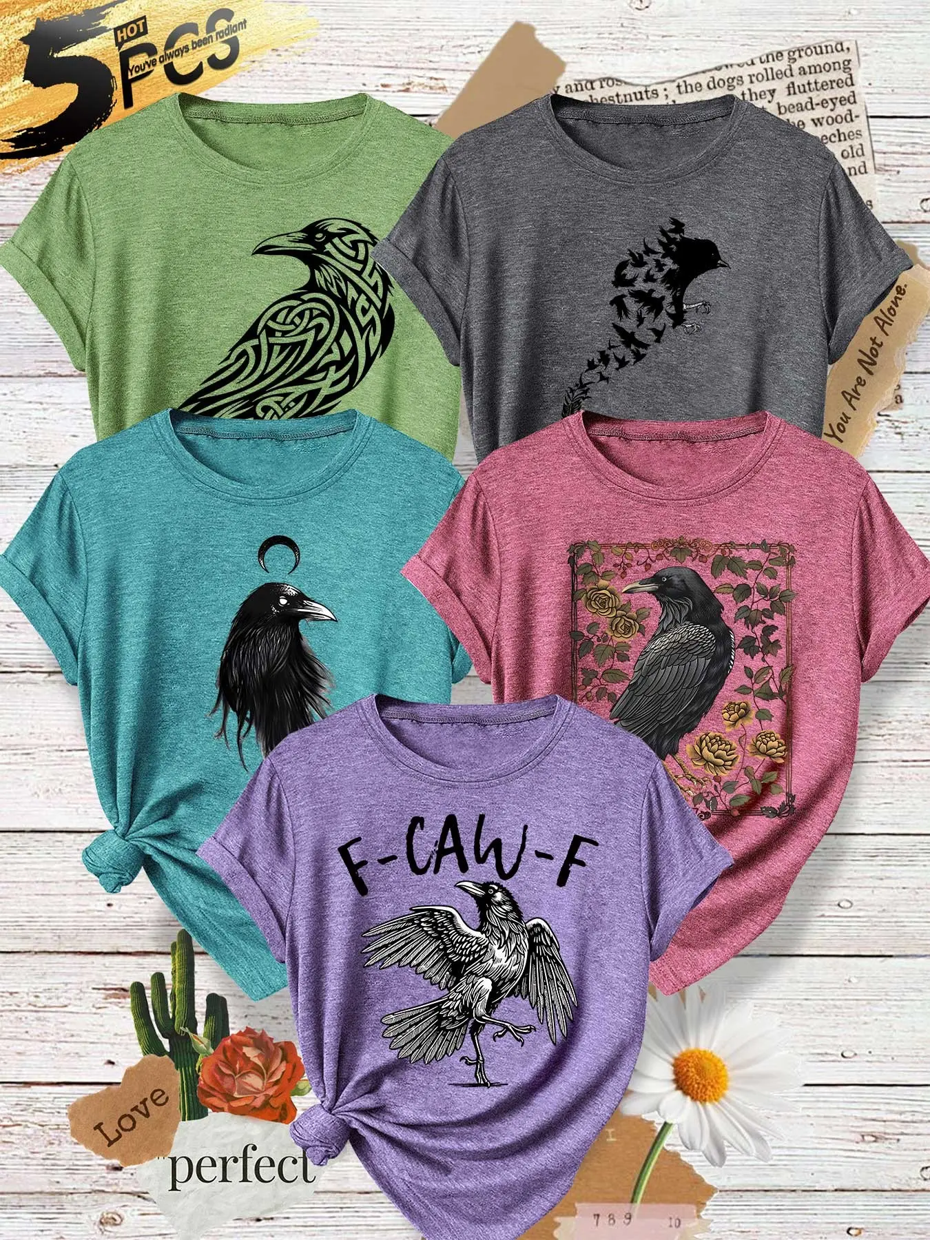 Five-Pack Women's Round Neck T-Shirts, Raven Print, Celtic Pattern, Vintage Floral, Soft Fabric, Casual Summer Tops