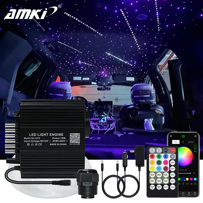 12W Power RGBW Fiber Optic Star Ceiling Kit with App-Controlled Twinkle-Meteor All-in-One LED, Flexible Fibers Automotive Interior Ceiling Decoration Lighting Assembly for Car Roof Starry Sky