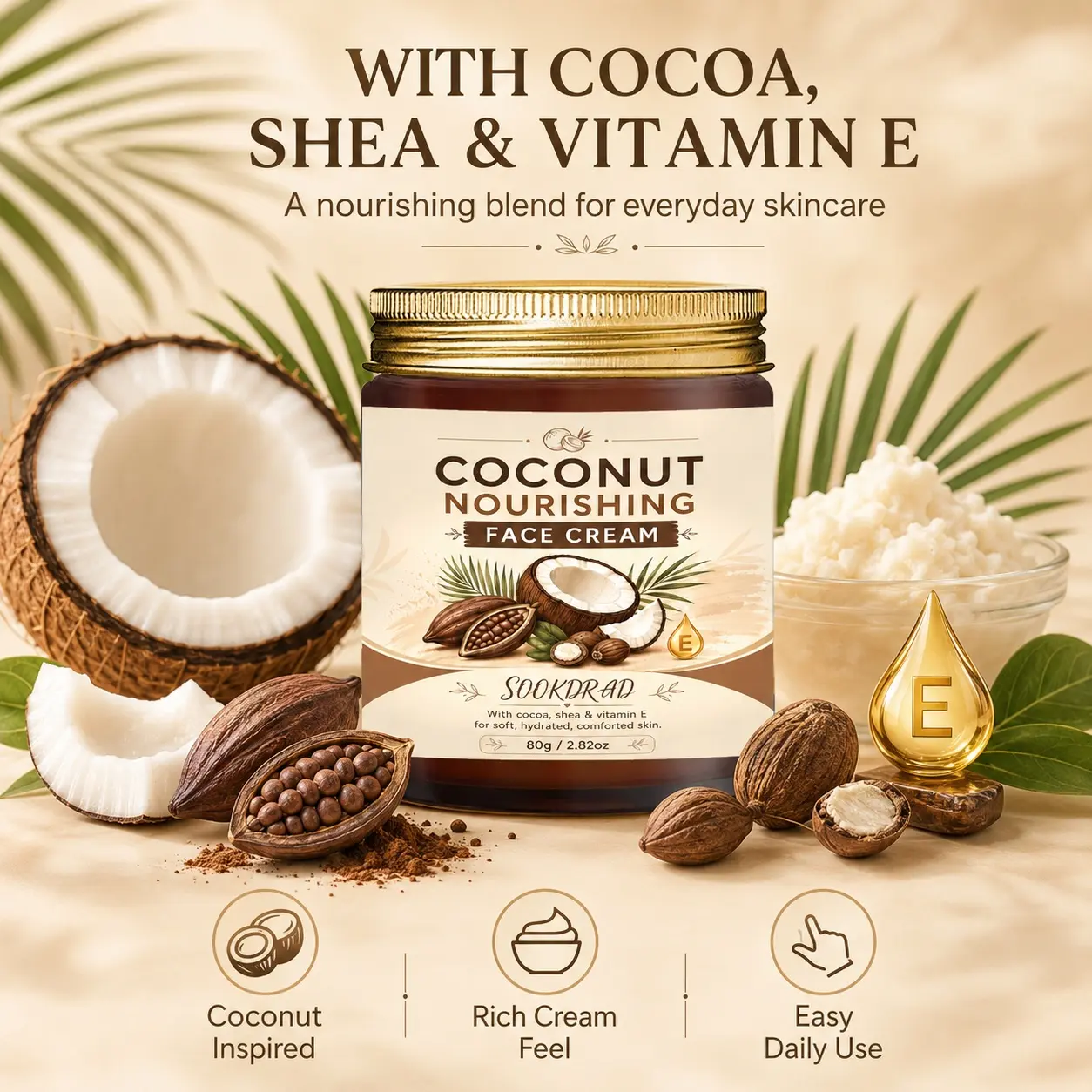 Coconut Nourishing Face Cream, cocoa, shea, vitamin E, soft, hydrated, comforted skin, 80g