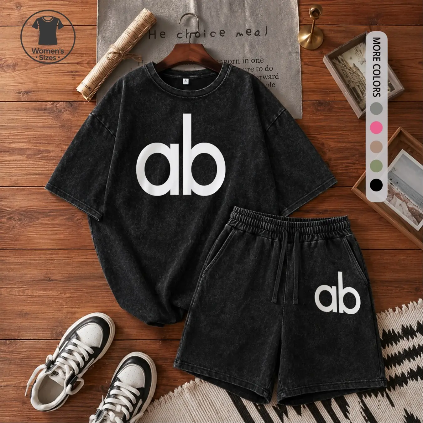 Women’s 100% Cotton Washed 2 Piece Set, Minimal Letter Graphic Short Sleeve T Shirt and Drawstring Shorts, Soft Breathable Casual Summer Lounge Outfit