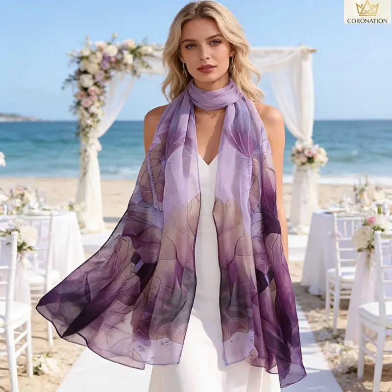 Purple Gradient Silk Scarf for Women, Aesthetic Ombre Chiffon Shawl with Lotus Leaf Print, Lightweight Breathable Sun Protection Wrap, Elegant Oversized Beach Cover Up for Vacation Travel, Resort Wear & Everyday Styling