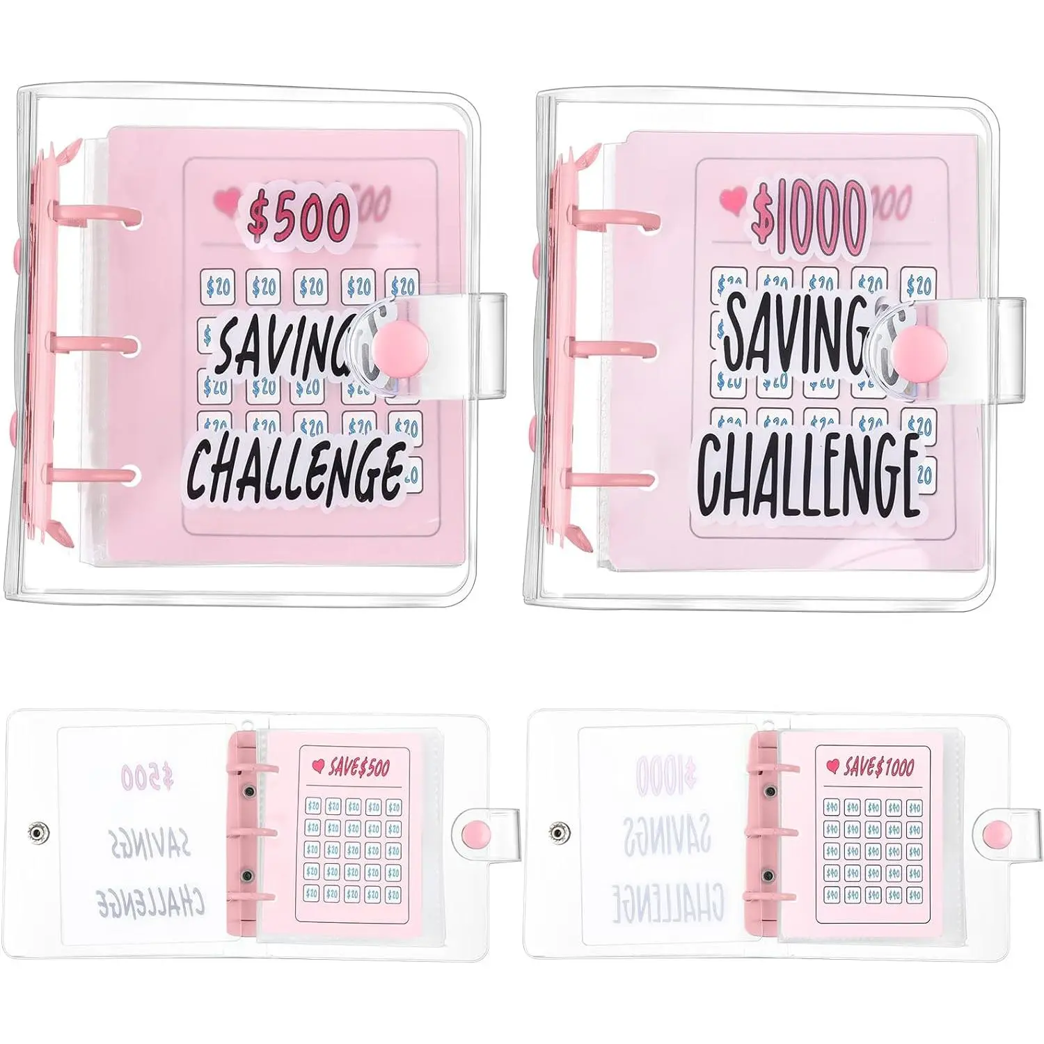 Baby & Maternity Mini Money Savings Binders - 2 Pcs Reusable Budget Book with Cash Envelopes, 1000-Dollar & 500-Dollar Saving Challenge Design, Pink