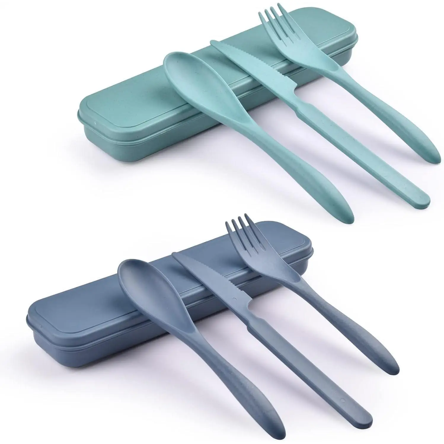 2 Sets Compact Synthetic Cutlery & Tableware Set with Case, Green & Blue, Wheat Straw Spoon-Fork for Work Lunches, Portable, Dishwasher Safe, Office-Camping Use, Utensil Set