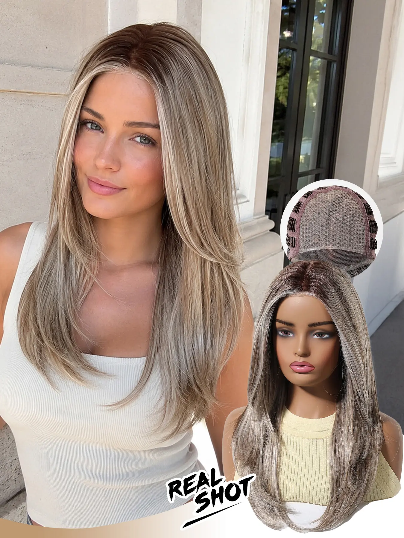Mono Synthetic Scalp Wig, Gradient Gold Long 20 Inches, Natural Full Head Cap, No Bleach Needed, All Seasons, Straight Synthetic Wig