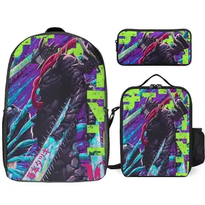 Chain-saw Anime Man Backpack Set, 3 Piece Backpack Set With Lunch Box Pen Box , High Capacity Bookbag Lunch Bag Pencil Case Workplace Travel