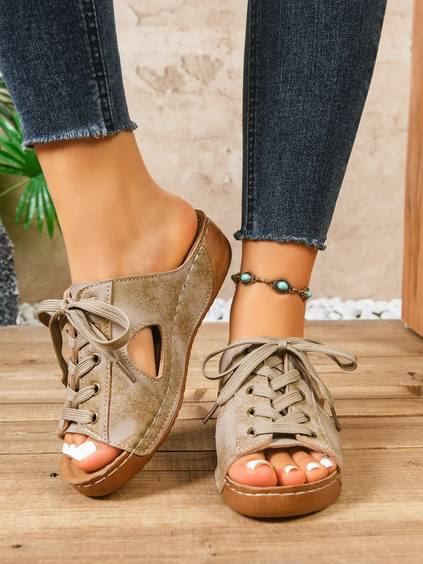 Women's Bohemian Open-Toe Sandals, Retro Summer Beach Walker Mules, Tie-Strap Wedge Rubber Flip Flops, Vintage Style Footwear for Ladies, Shoe