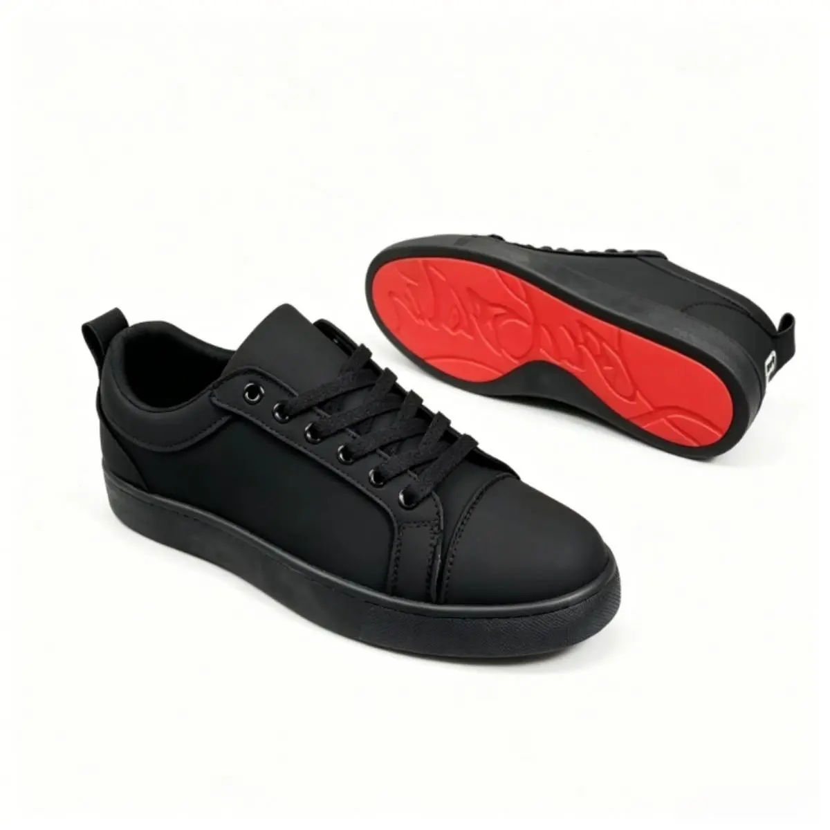 All-Black Closed Low-Top Sports Footwear - Red Sole, Minimalist Faux Leather Training Shoes with Padded Collar, Cushioned Insole, Athletic Walking Design, Walking Shoes, Sports Shoes