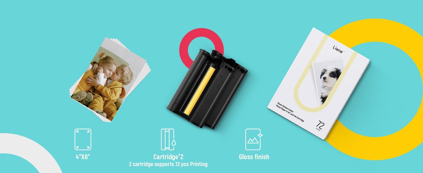 Liene Photo Paper & Cartridge, 2 Ink Cartridge Refill & 72 sheets photo papers, 4x6", Dye Sublimation, Water & Oxidation-Proof, Compatible w/Liene PixCut S1 Photo Sticker Printer and Cutter