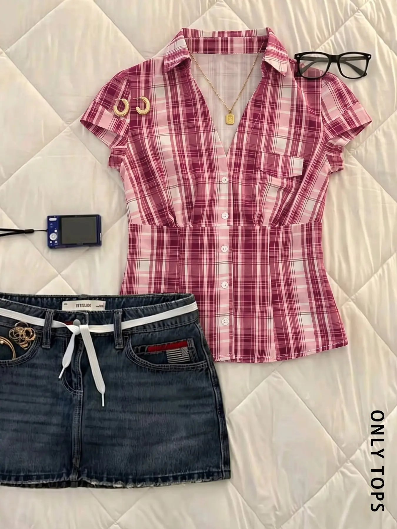 Women's Plaid Short Sleeve Shirt, V Neck Button Down Slim Blouse, Y2K Casual Top, For All Seasons Daily Vacation Street Outfit