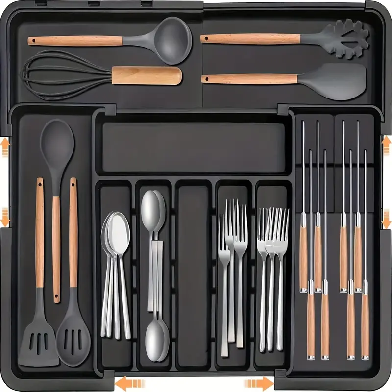 1pc Large Capacity Drawer Cutlery Organizer Collapsible Plastic Tray For Kitchen Utensils Storage Forks Spoons Knife Cutlery Storage Box