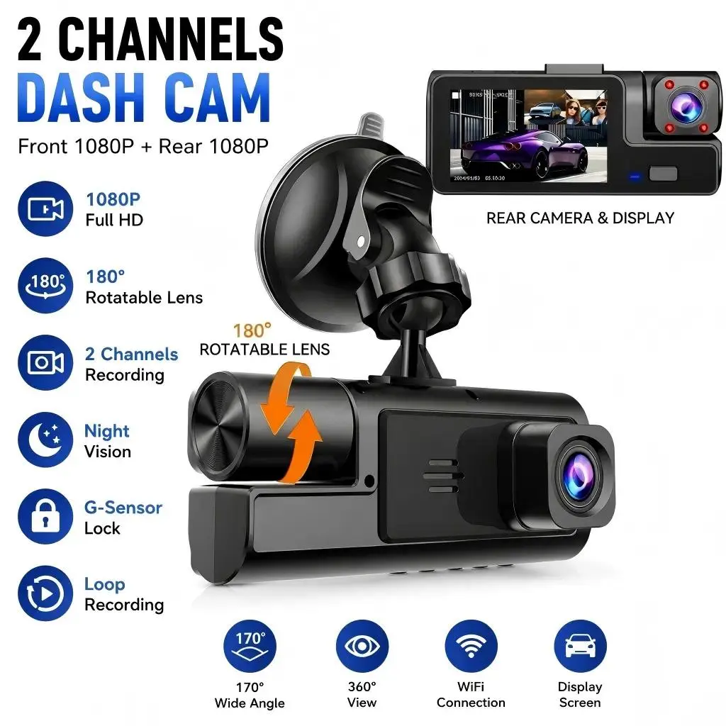 Dual Lens 1080P FHD Dash Cam for Cars Front and Interior Camera Night Vision 24 Hour Parking Monitor G-Sensor Loop Recording Motion Detection Wide Angle Car DVR Recorder Vehicle Safety Camera