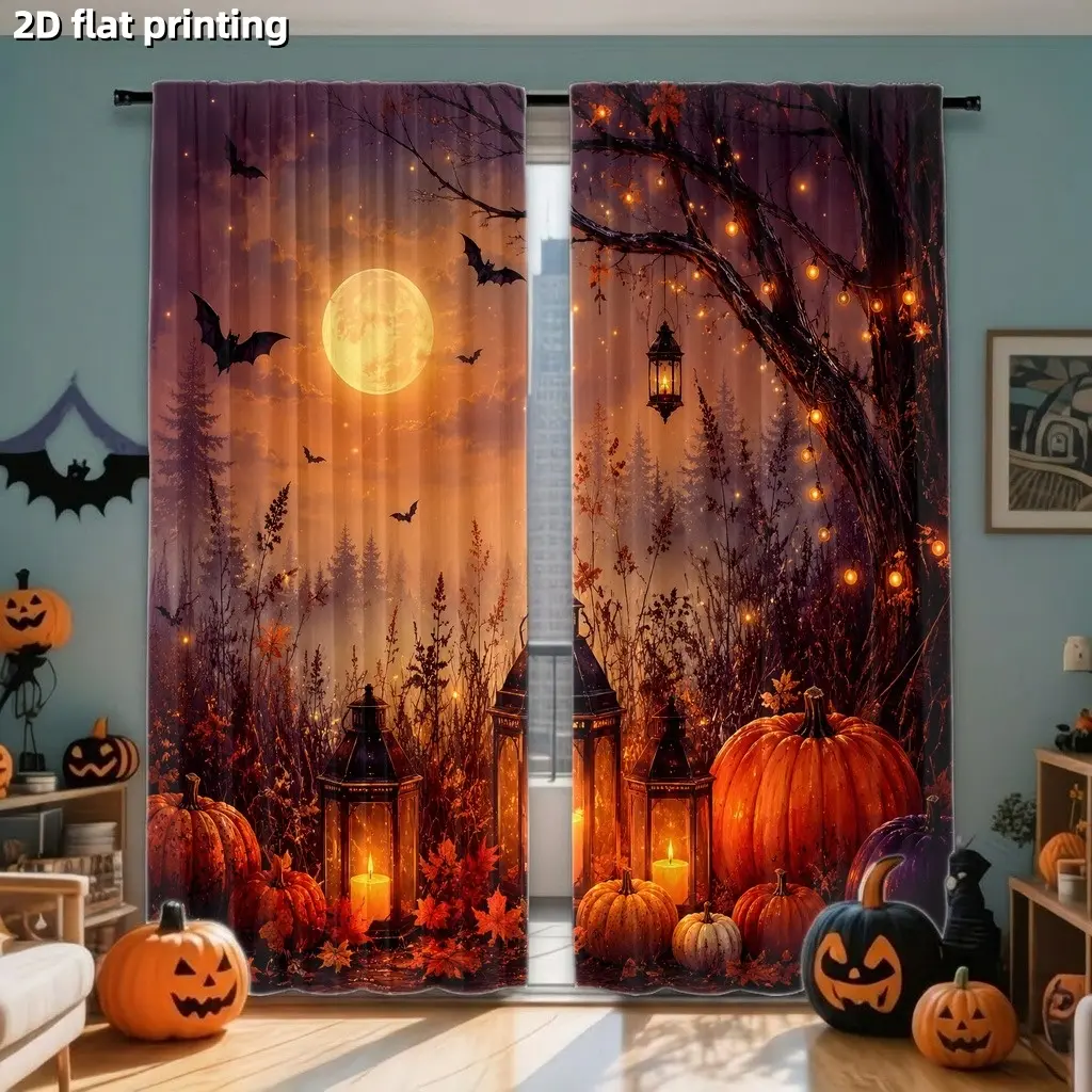 2Pcs Spooky Halloween Curtains with Full Moon Bats Forest Lanterns Pumpkins Warm Lights Festive Atmosphere Party Decor Supplies Festival Decorations Home Decoration