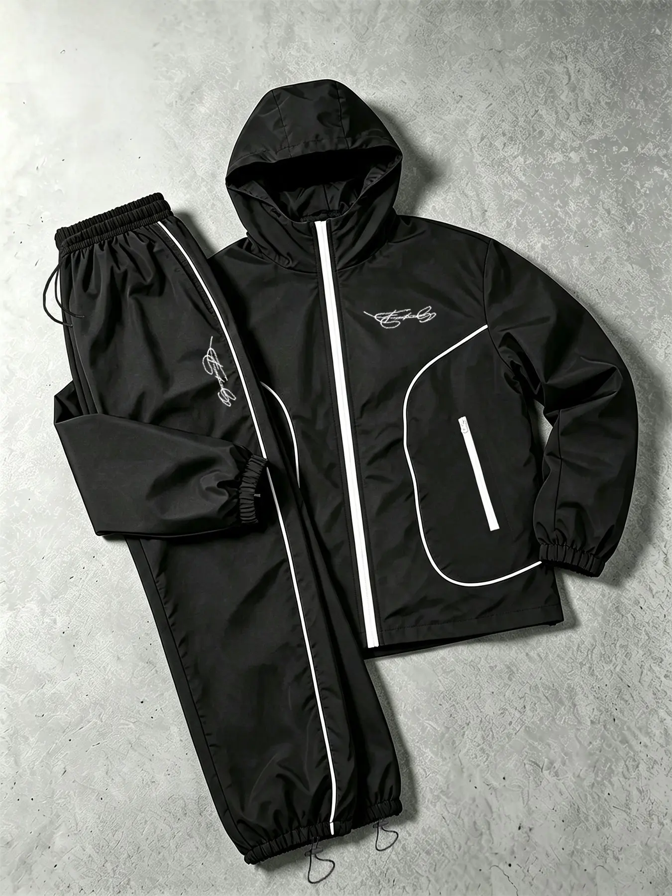 Men's Trendy Knit Set, Hooded Full Zip Windproof Jacket, Side Stripe Wide Leg Pants, Daily Sporty Two-Piece Set