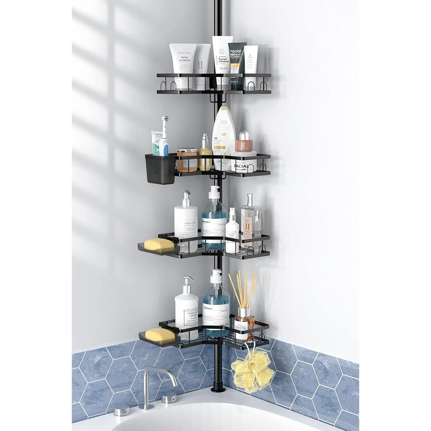 Corner Shower Caddy Tension Pole: 4-Tier Adjustable Rustproof Bathroom Organizer Shelves - No-Drill Bathtub Shampoo Rack Standing Shower Caddy for Renters, Apartment & Family Bathroom 31-124 inch