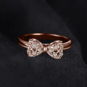 Minimalist Bowknot Design Vintage Jewelry Palace 14k Rose Gold Plated 925 Sterling Silver Rings Cubic Zirconia Promise Rings Gift for Girl Couple Fit Daily Wear