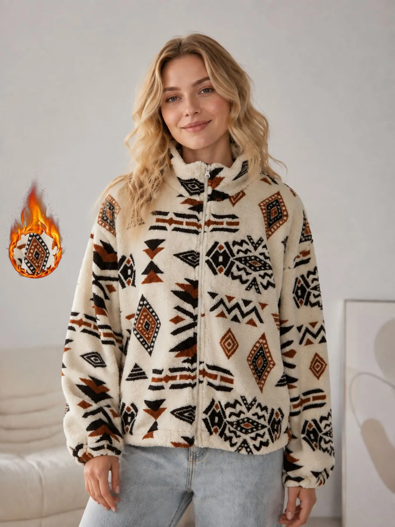 Women's Vintage Ethnic Geometric Jacquard Fleece Zipper Coat, Stand Collar Thick Warm Open Front Cardigan, Fall Winter Outerwear