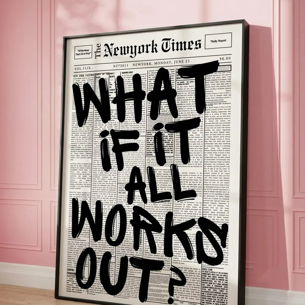 Retro Black & White Newspaper Poster - 'What If It All Works Out' Canvas Wall Art, Positive Affirmation Quote, Minimalist Home Decor for Bedroom & Dorm