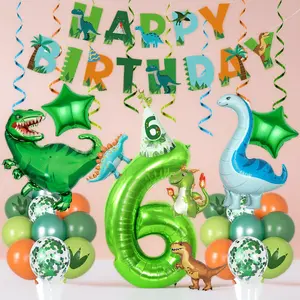Amandir Dinosaur 6th Birthday Party Decorations for Boys Girl, Foil Green Star Number 6 Dinosaur Balloons with Hat Happy Birthday Banner Hanging Swirls for Dino Baby Shower Kids Party Supplies