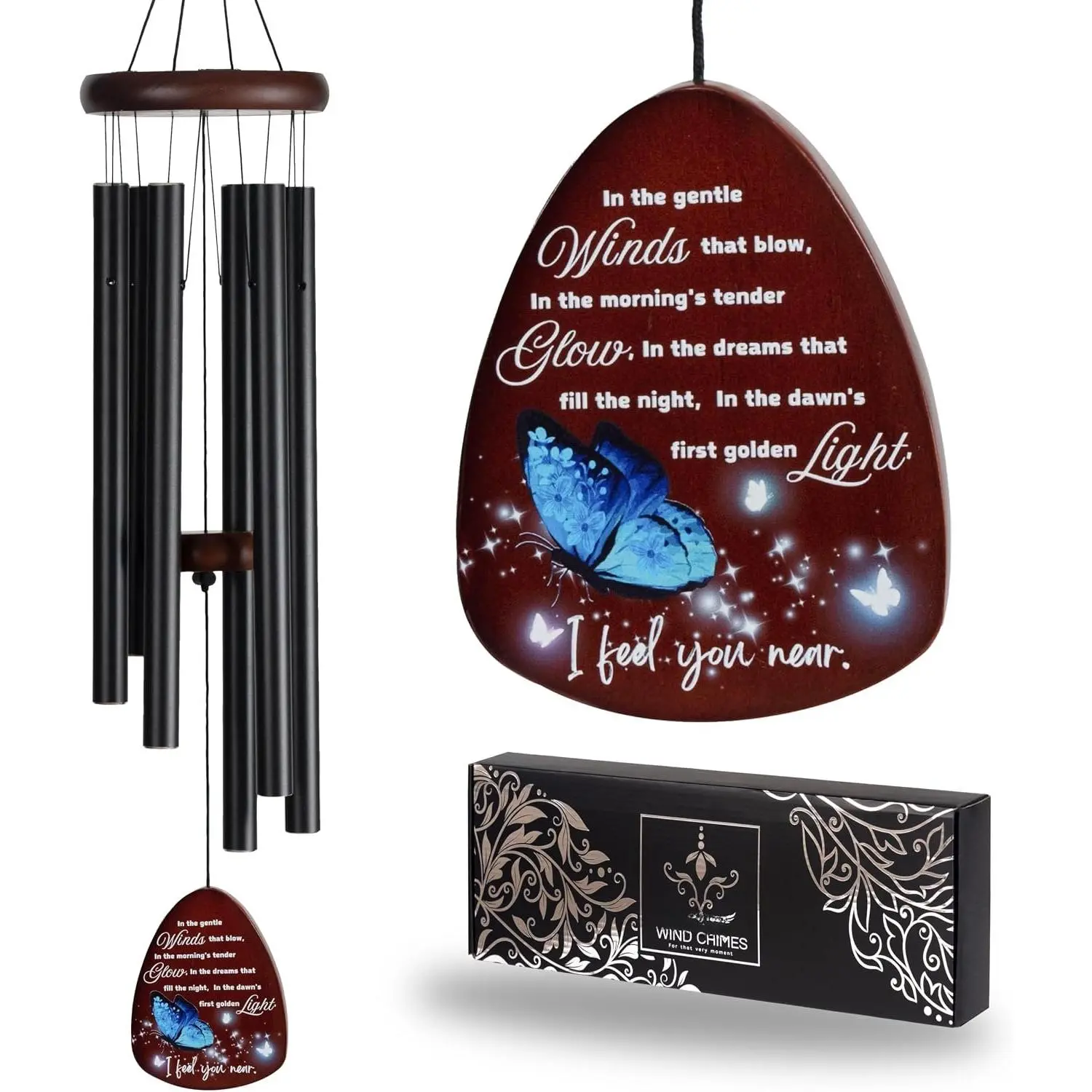 Memorial Wind Chimes for Loss of Loved , Windchimes in Memory of a Loved , Sympathy  Baskets, Bereavement Condolence Gifts, Memorial Gifts for Loss of Mom, 32" Sympathy Blue Butterfly, Black