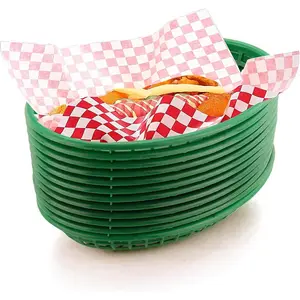 12Pk Retro Style Fast Food Basket & 100Pk Checkered Deli Liner Combo, Dishwasher Safe, Disposable Deli Paper Squares for Easy Cleanup (Green)