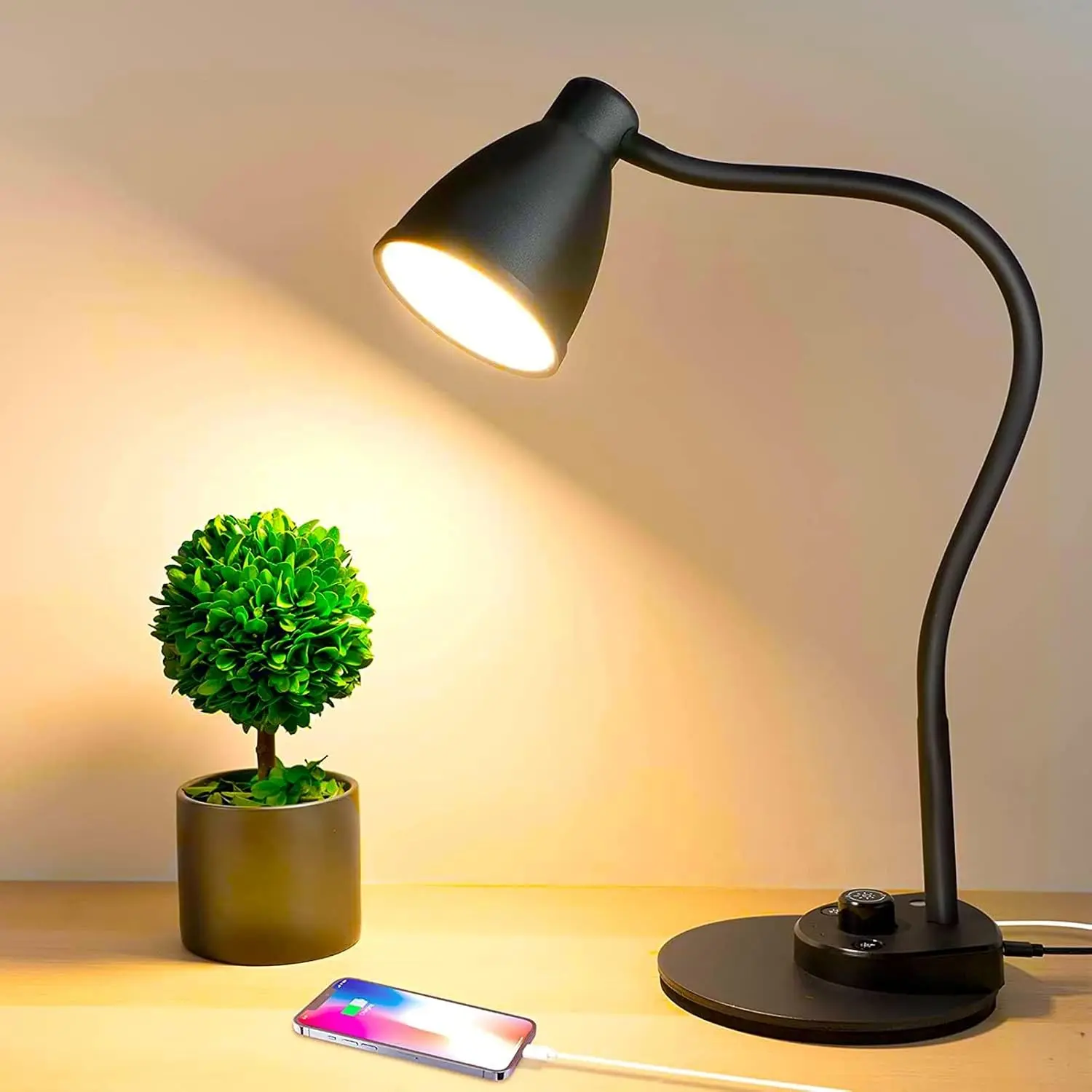 LED Desk Lamp with USB Charging Port 3 Color Modes Dimmable Reading Light Intelligent Induction Auto Dimming Task Lamp Neck Flexible Table Lamp for Bedside Office, AC Adapter Include