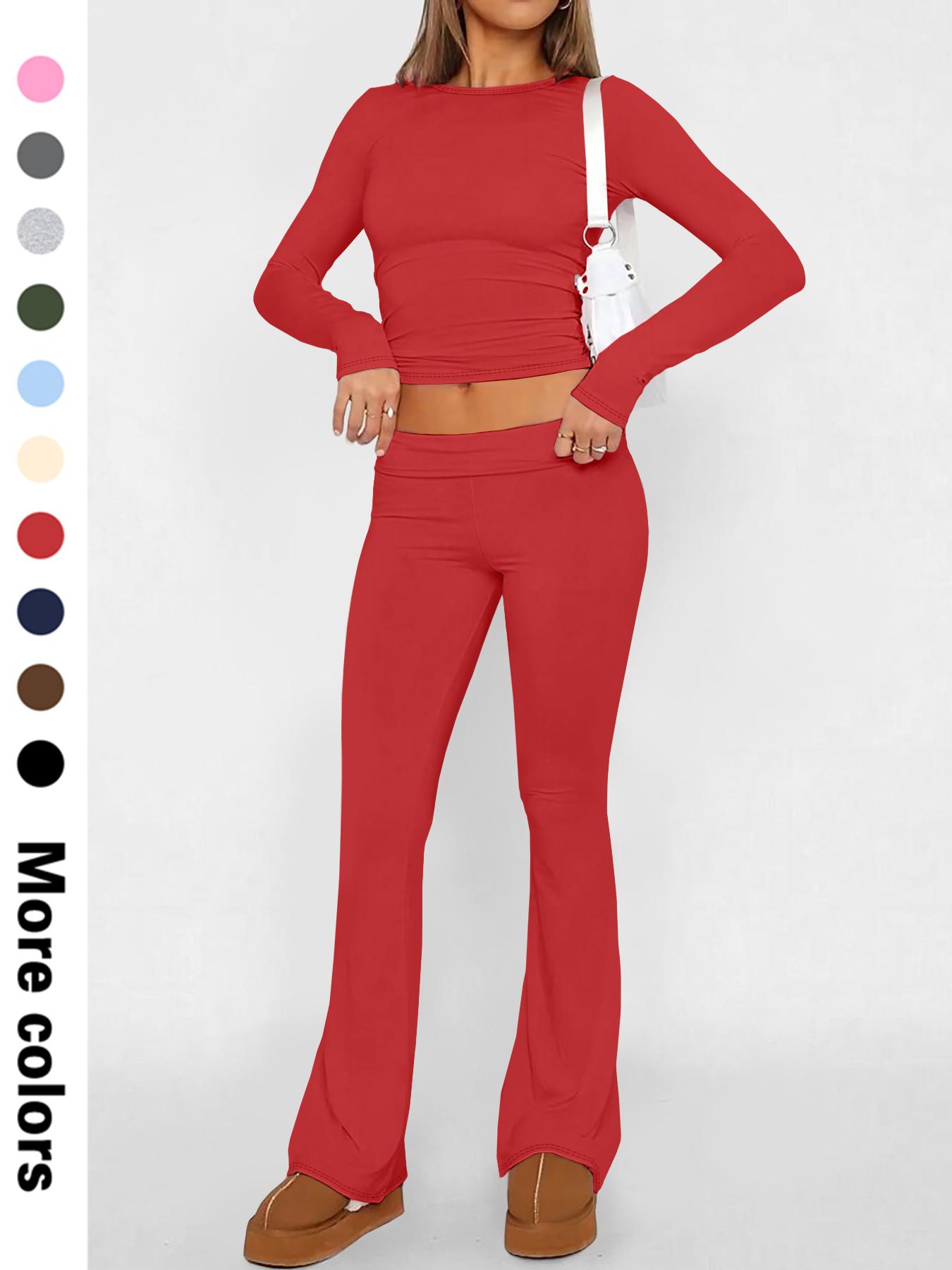 Two-Piece Set Women's Solid Color Long Sleeve Crop Tee & Flare Leg Pants, Casual Fashion Cozy Round Neck Top & Bell Bottom Trousers for Daily Outdoor Wear, Women's Clothing for Fall & Winter