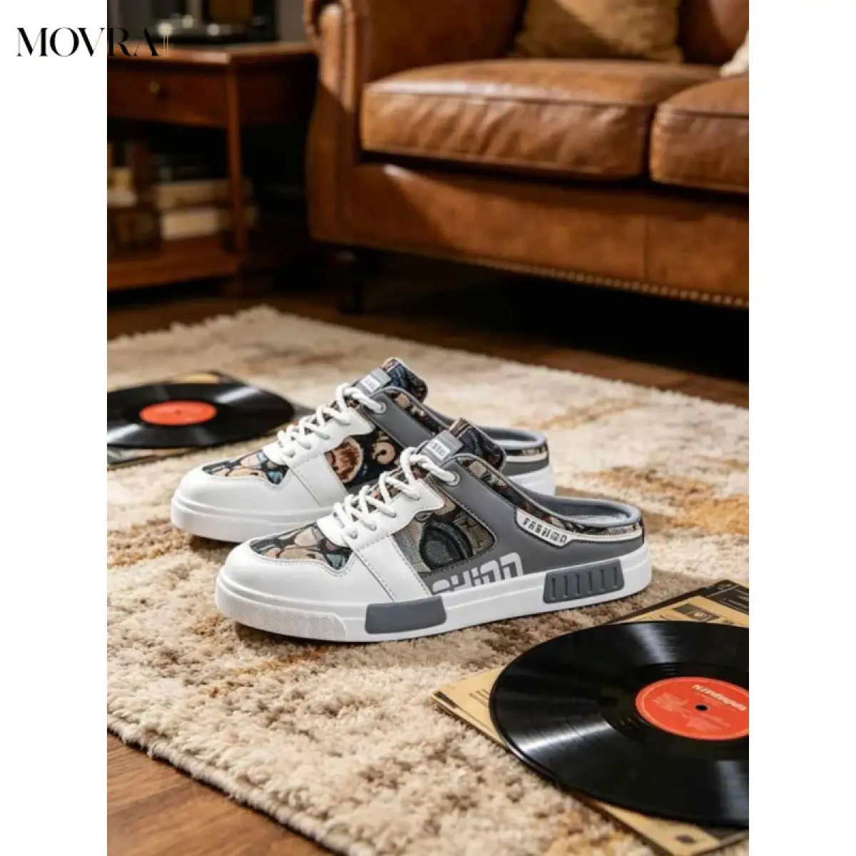MOVRA1 Plus Size Men's White-Gray Camo Mule Sneakers, Stylish Style, Camo Paneling + Mule-On Design + "FASHION" Logo, Style, Plus Size Friendly , Ideal Plus Size Men's Daily & Light Outings, Crossband Mules