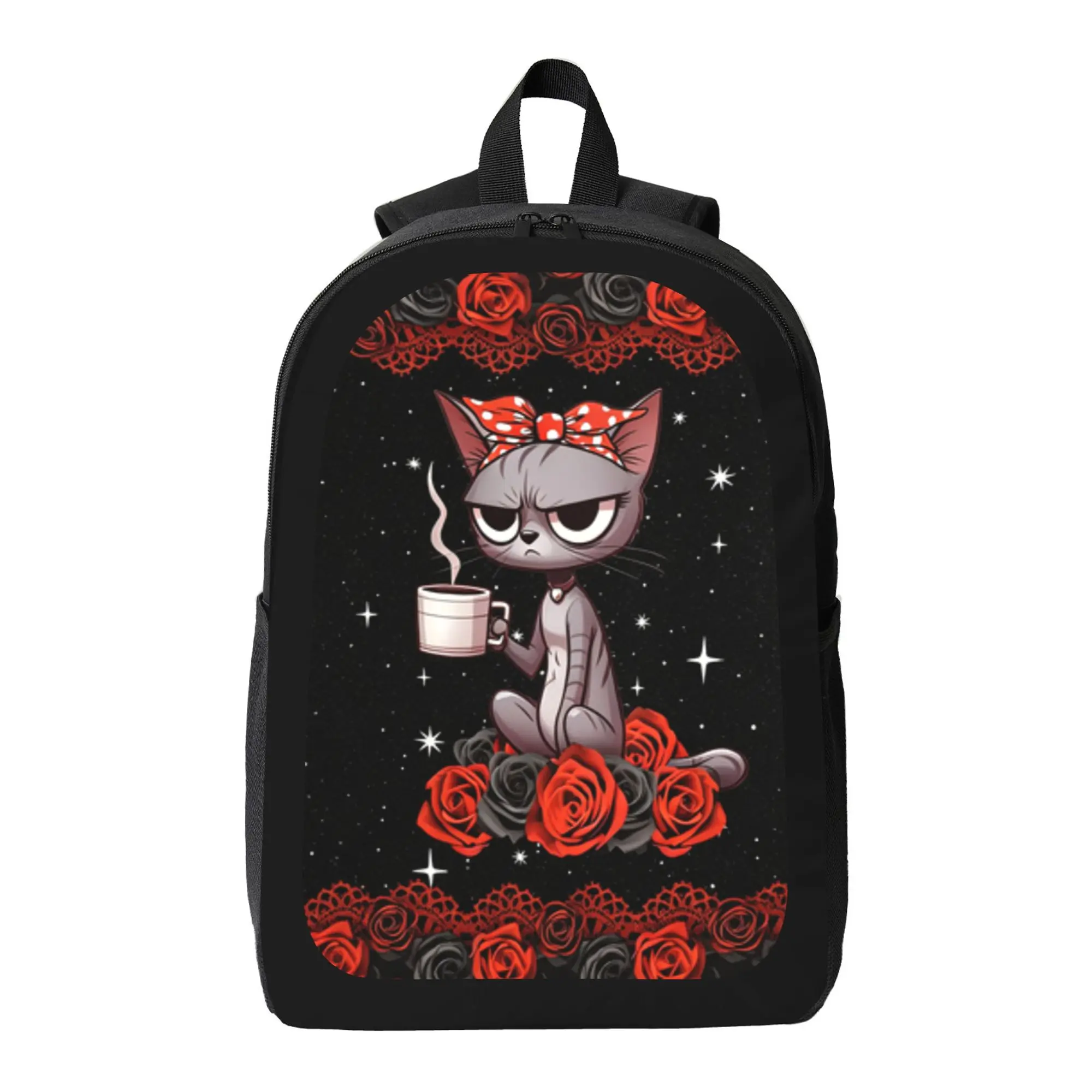 Gothic Grumpy Coffee Cat Red Black Rose Backpack - Lightweight Trendy,Stylish Adjustable Comfy    Bags  Breathable Durable Bookbag with Dark Lace Floral Print, Outdoor Travel School Daypack, Gift for Gothic Cat Lovers (Sports & Outdoor Gym Bag)
