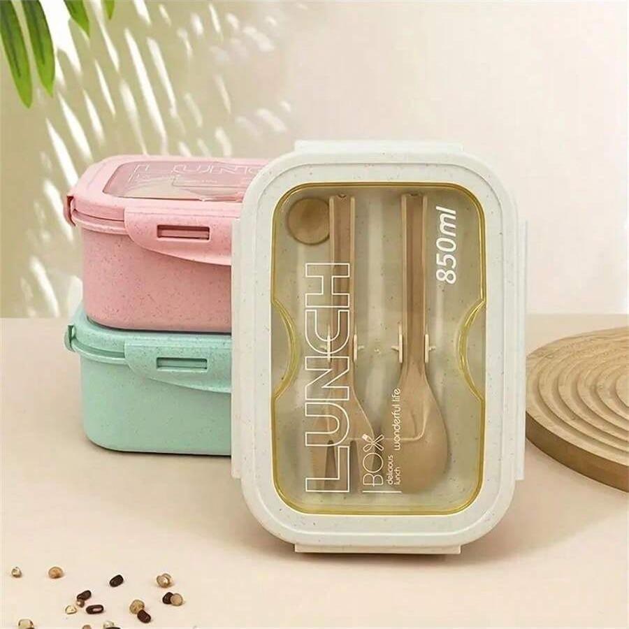 Lunch Box with Cutlery Set, 1 Set Reusable Double Grid Lunch Box with Spoon & Fork, Portable Lunch Container for Kitchen, Outdoor, Learning Supplies