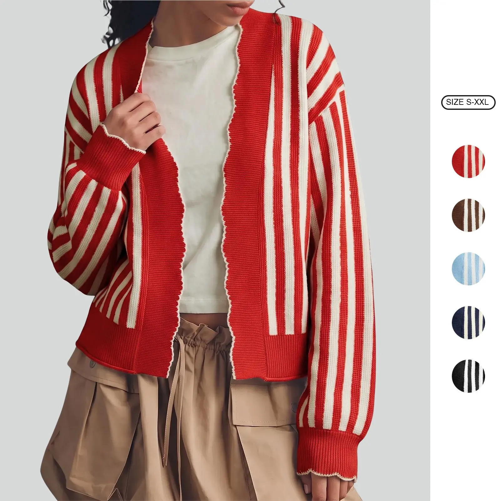 Imily Bela Women Soft Knit Striped Cardigan Cozy Curved Front Sweater with Contrast Stitch Detail Imily Bela Women Soft Knit Striped Cardigan Cozy Curved Front Sweater with Contrast Stitch Detail
