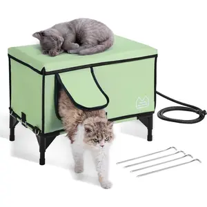 VEVOR Elevated Heated Cat House, Cuboid Kitty Shelter with Adjustable Temperature Timer, 900D Oxford Cloth Foldable Cat Shelter with Heated Pad for Winter to Stay Warm Cozy, Light Green (Middle)