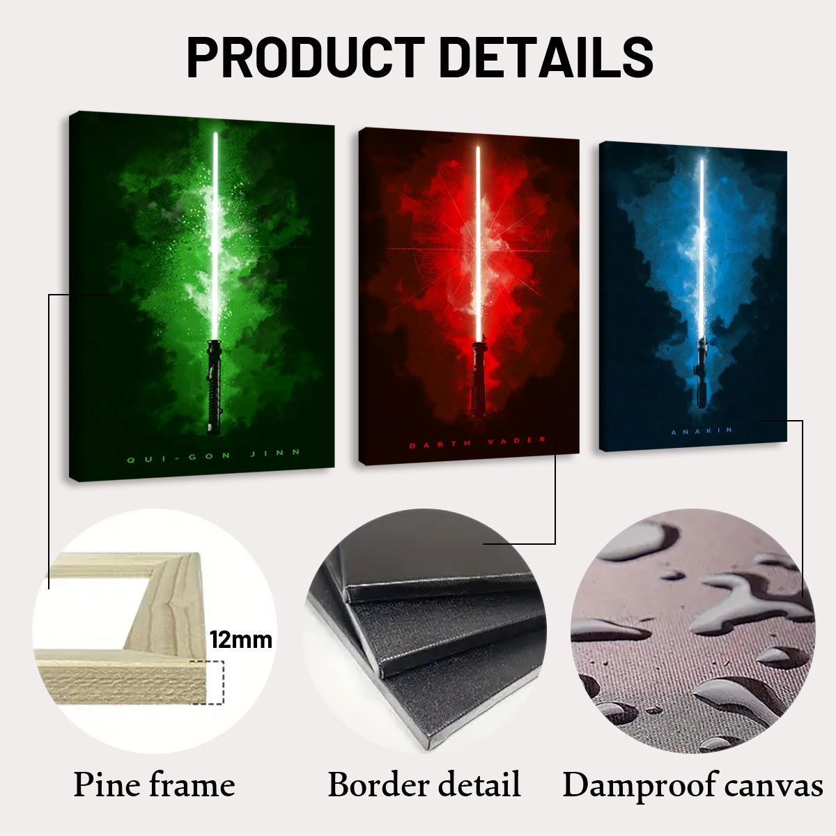 Wooden Framed Canvas Painting, 3 Counts/set Lightsaber Pattern Wall Art, Unique Artwork, Modern Wall Decor for Home Living Room Bedroom Office Illustrations, Decoration