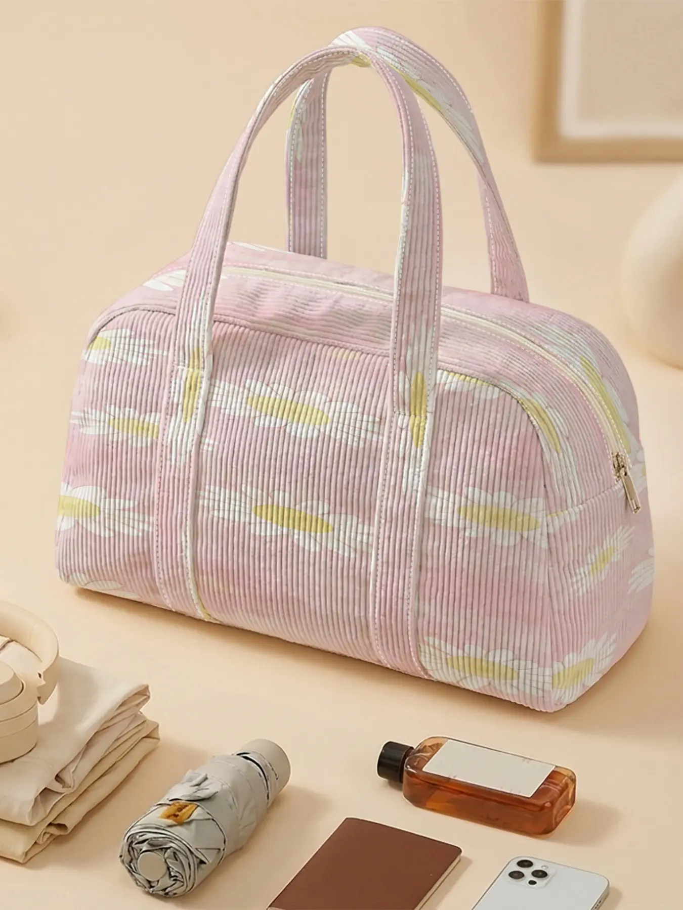 Women's tote bag, 2D Print of White Daisies on Pink Background, Corduroy tote with rounded shape & full zipper, great for travel, gym and daily outings,