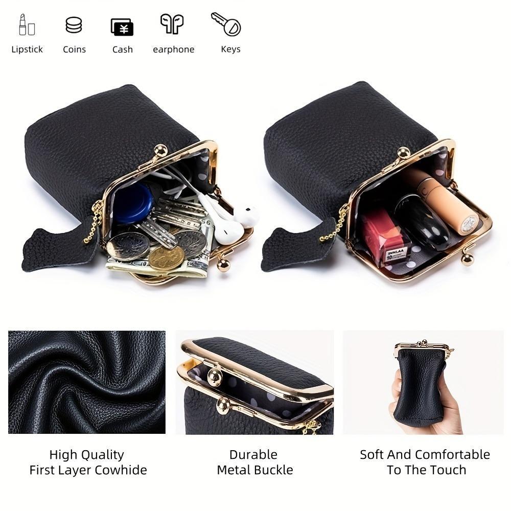 Vintage Genuine Leather Mini Handbag Organizer with Secure Kiss Lock, 1 Count Spacious Coin  &  Earphone & Lipstick Case, Travel Cosmetic Pouch, Makeup Organizer Pouch