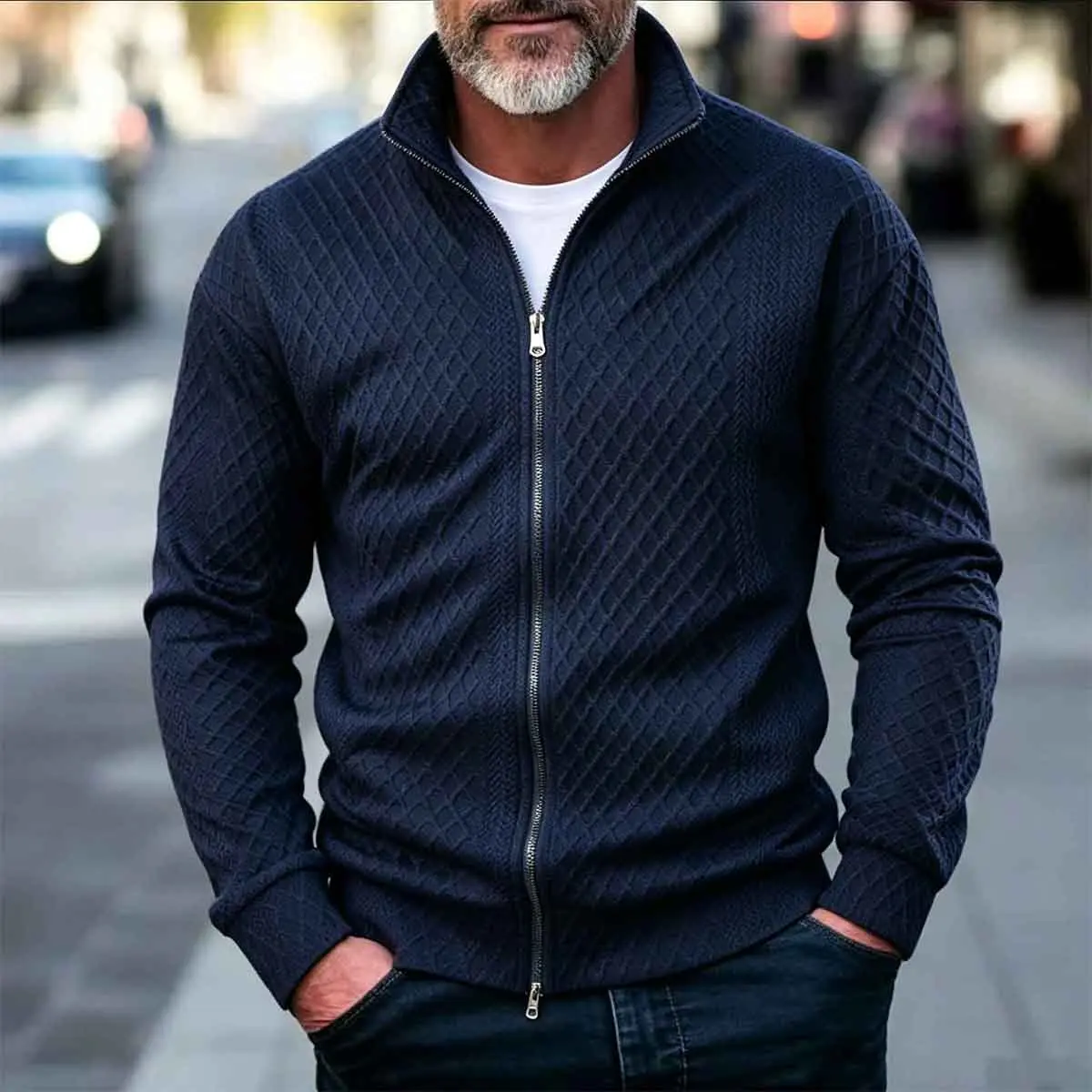 Men's Plain Long Sleeve Polyester Blend Quilted Knit Jacket - Mock Neck, Geometric Texture, Double-Sided Zipper Front, Comfortable Stylish Menswear for Cool Weather Travel, Office Commuting